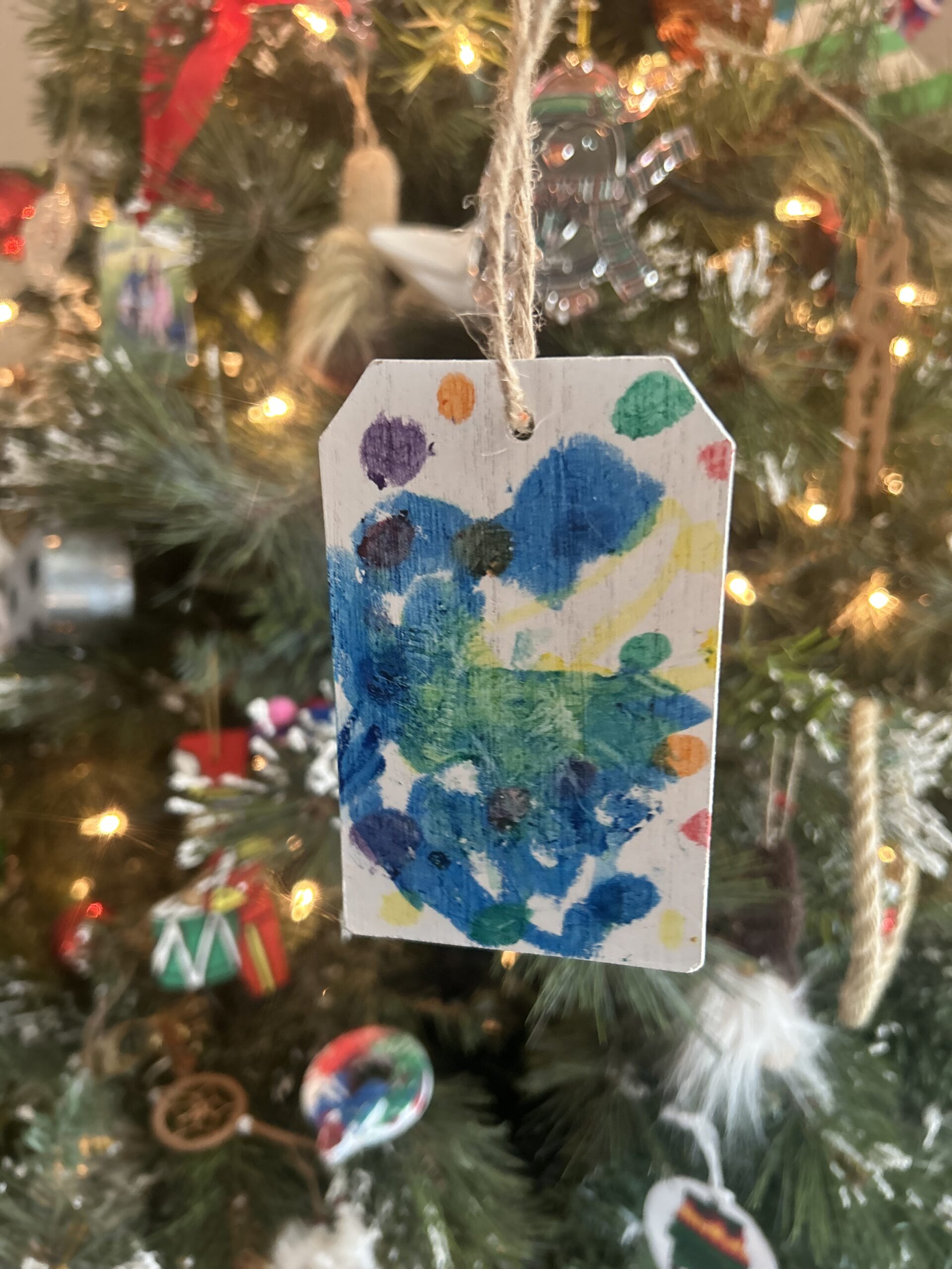 Ornament in-front of a Christmas tree