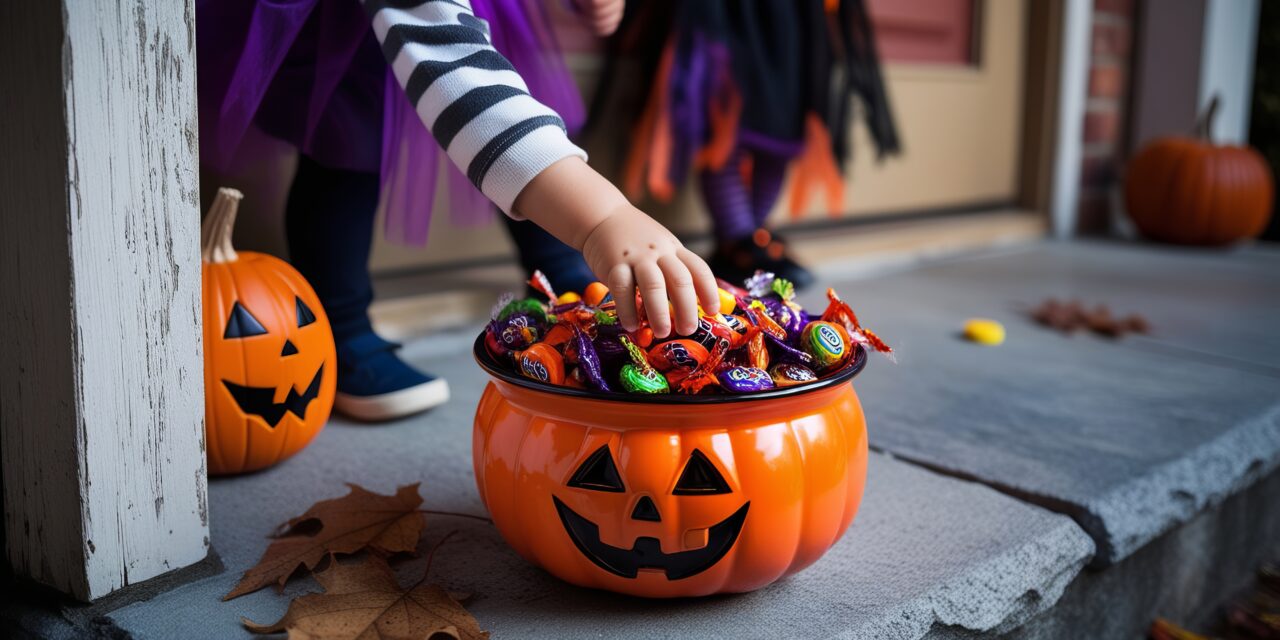 Halloween Trick-or-Treat Scene: Child's Hand Reaching into Jack-o'-Lantern Candy Bowl layered 4th of July Jello