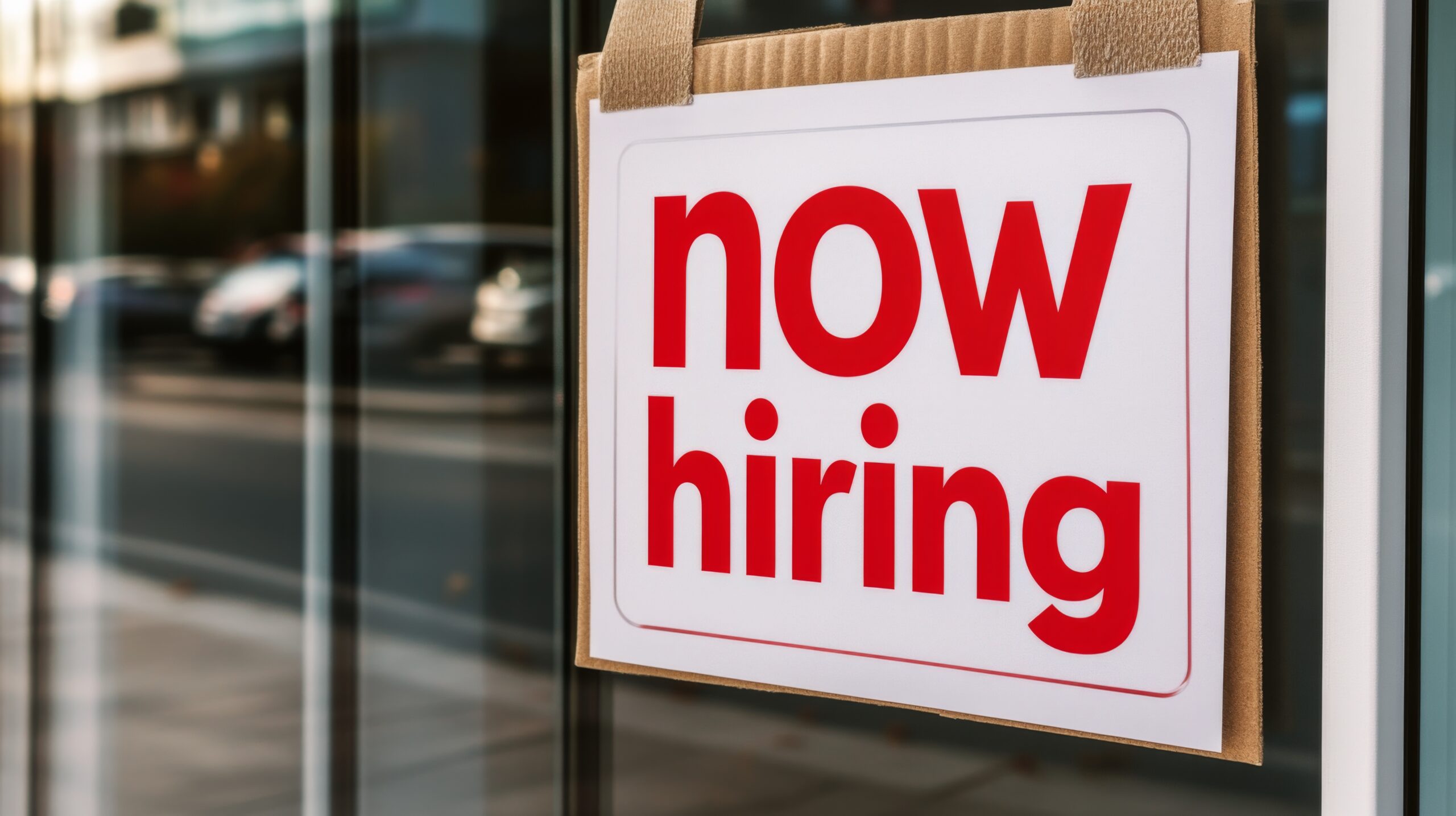 Now Hiring Sign Hanging up in a Window
