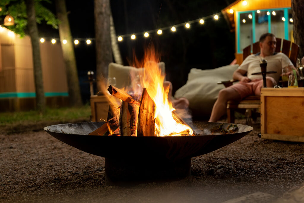 Campfire in the backyard in a fire pit